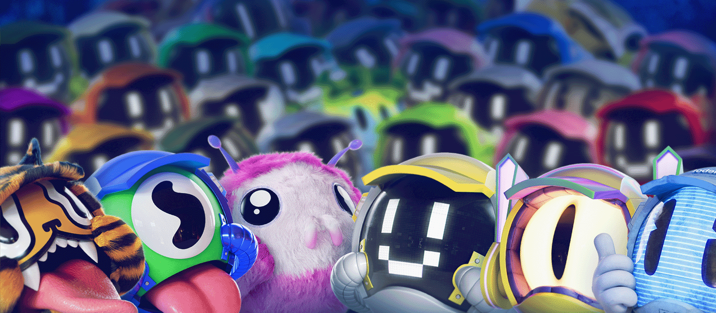 Banner which contains a lot of bots, which are the mascots of BLAST.tv