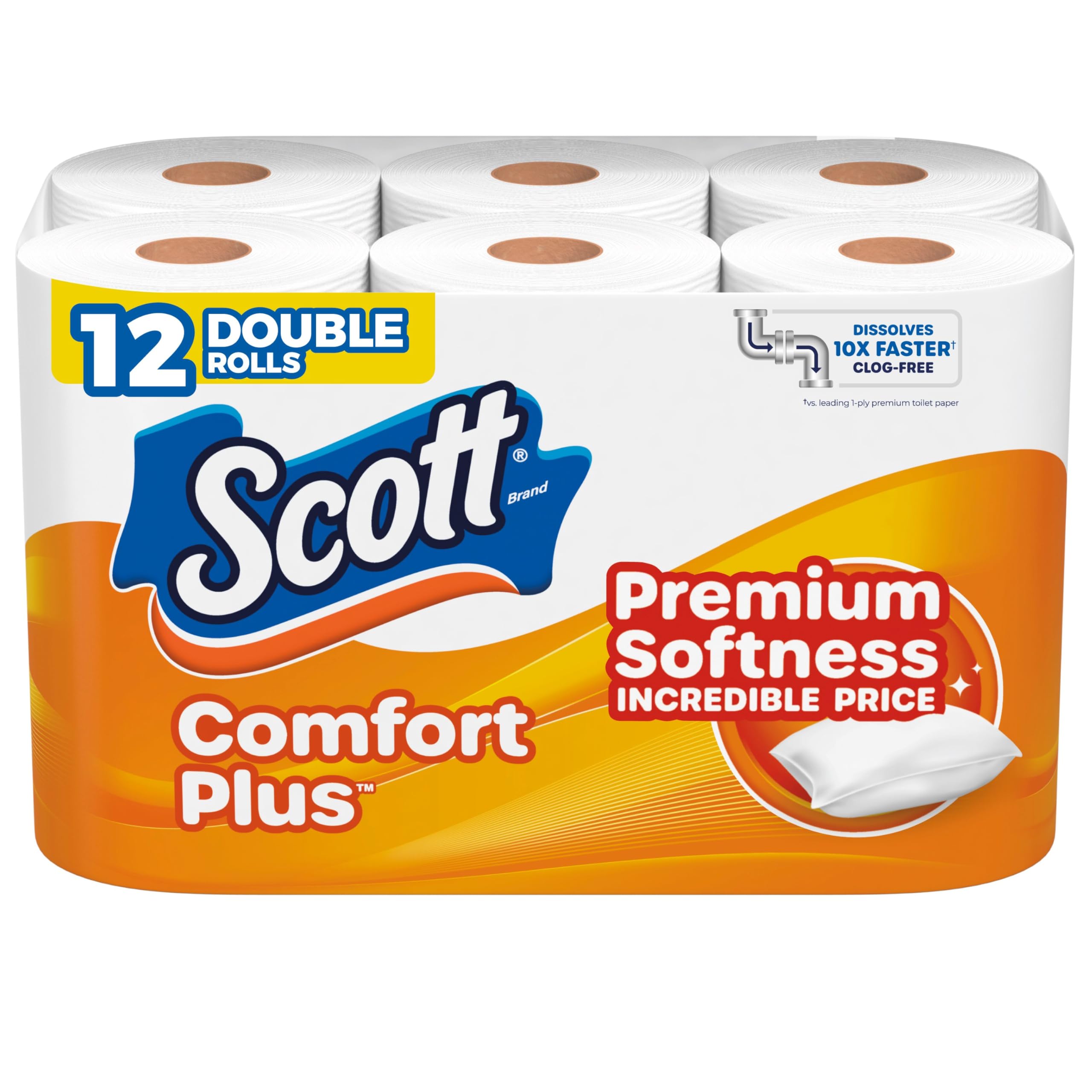 Scott ComfortPlus Toilet Paper  12 Double Rolls  231 Sheets per Roll  Septic-Safe  1-Ply Toilet Tissue
